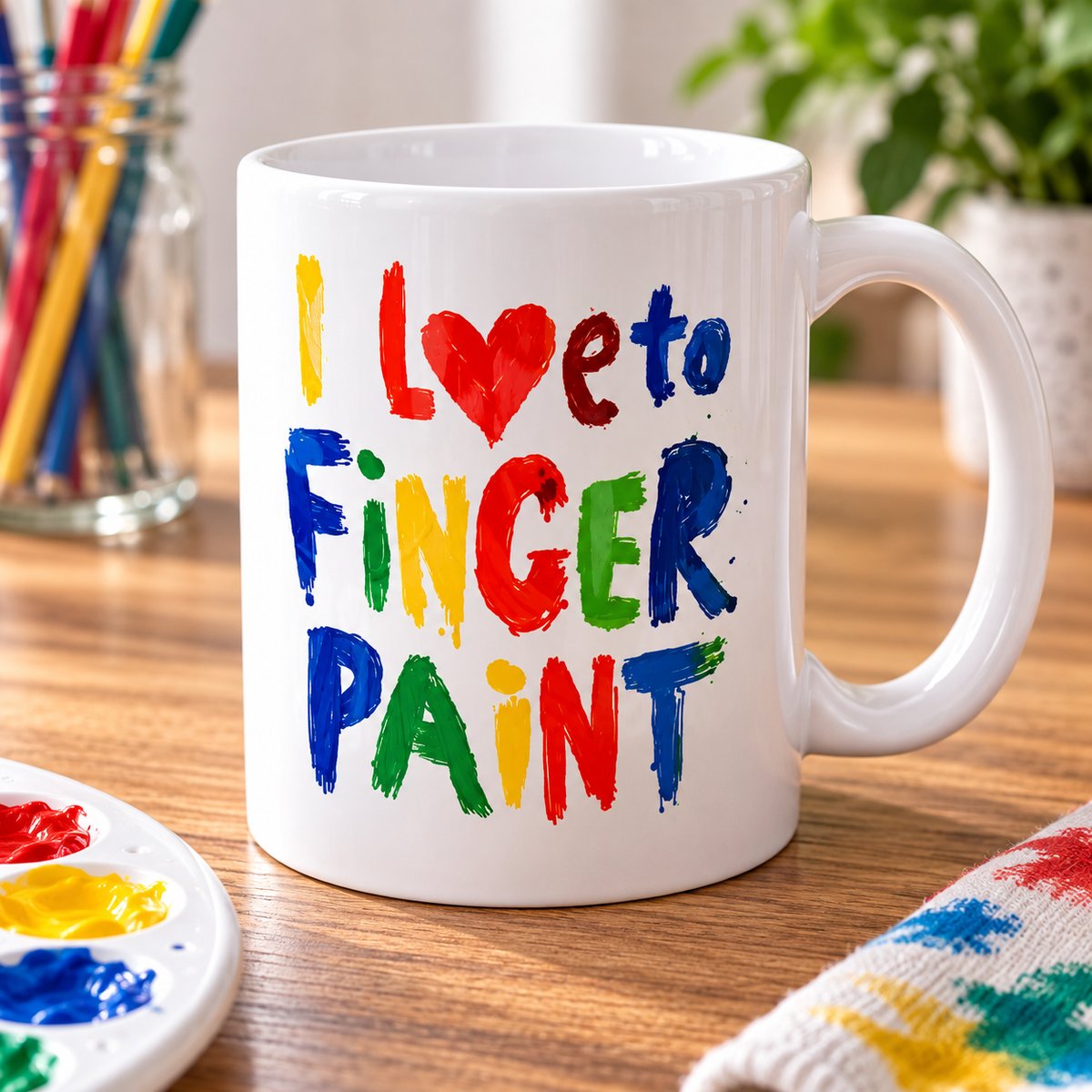 A white ceramic mug with colorful hand-painted text reading 'I Love to Finger Paint' on a wooden table, surrounded by paintbrushes, a paint palette, and a paint-splattered cloth.