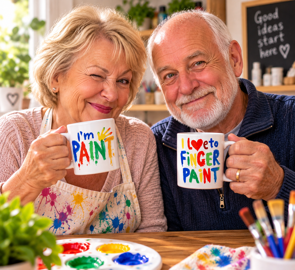 An older couple smiling in a paint studio, each holding a white ceramic mug with colorful text that reads 'I'm PAINT' and 'I love to FINGER PAINT'.