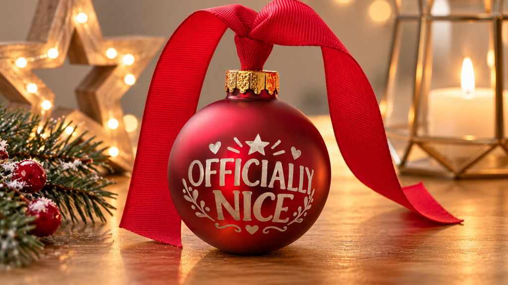A red Christmas ornament with a red ribbon loop and gold cap, printed with the words 'OFFICIALLY NICE' in white, displayed on a wooden surface with warm holiday lights and pine branches in the background.