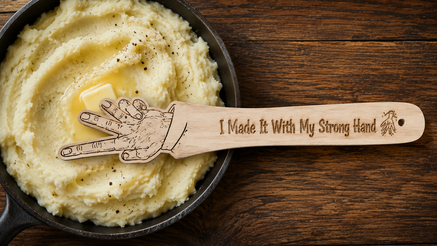 A wooden carving knife handle with an engraved hand graphic and the phrase 'I Made It With My Strong Hand' rests on top of creamy mashed potatoes in a cast iron skillet on a dark wood background.