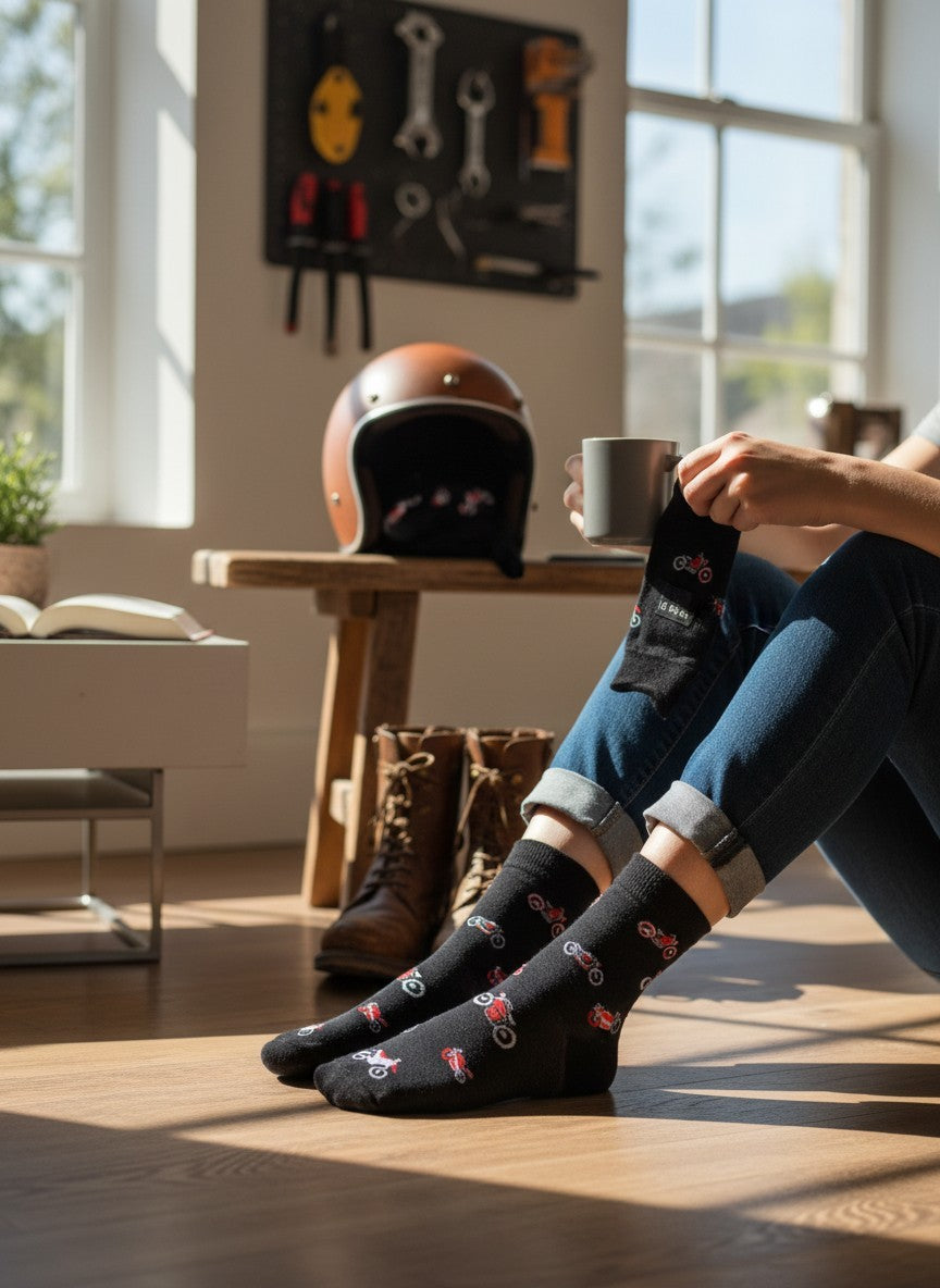 Person sitting on a wooden stool in a room with tools on the wall, wearing black socks with red patterns.