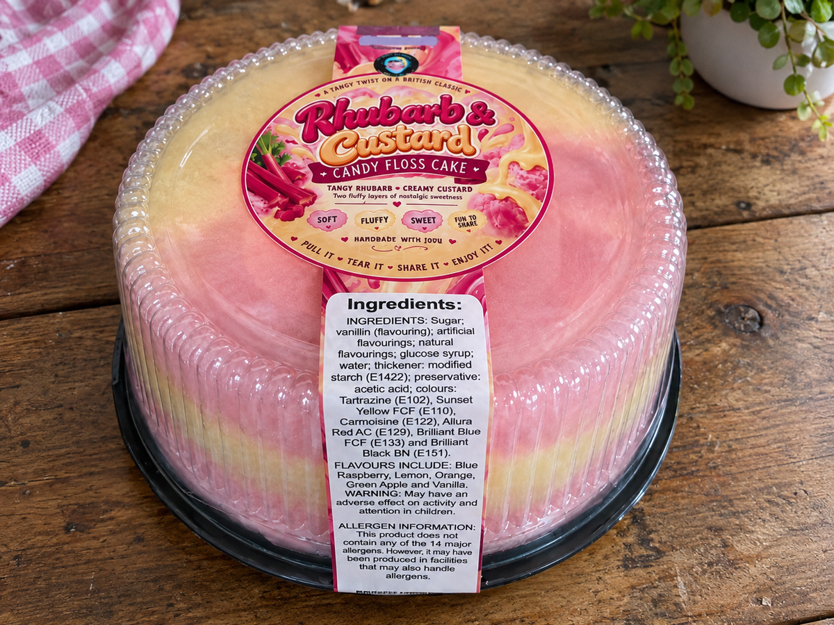 A packaged round candy floss cake with a pink and pale yellow swirl pattern, shown on a rustic wooden table with a branded paper label and a plastic wrap. The label reads 'Raspberry & Custard'.