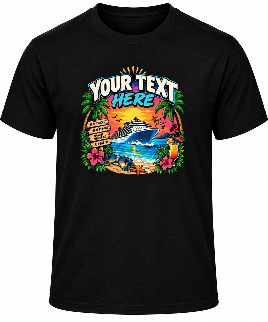 A black short-sleeve crewneck t-shirt featuring a colorful customizable tropical graphic with palm trees, hibiscus flowers, a cruise ship, and the placeholder text 'YOUR TEXT HERE'.