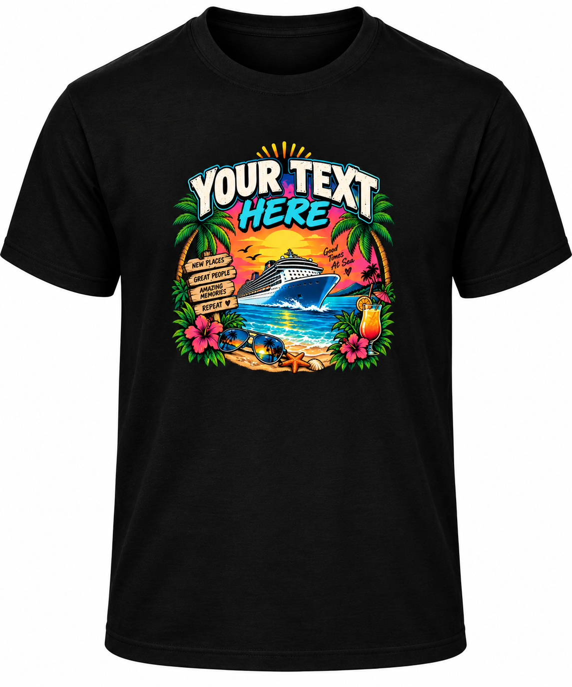 A black short-sleeve crewneck t-shirt featuring a colorful customizable tropical graphic with palm trees, hibiscus flowers, a cruise ship, and the placeholder text 'YOUR TEXT HERE'.