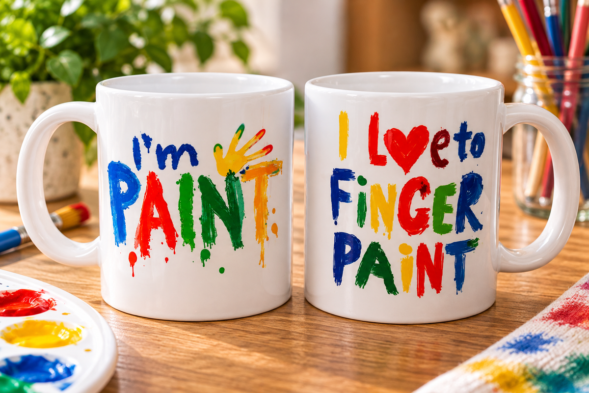 Two white ceramic mugs with colorful finger-paint style text, displayed on a wooden table with paint supplies in a cozy indoor setting.
