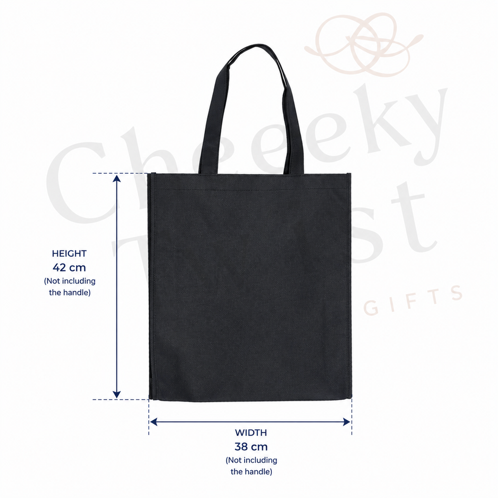 Black canvas tote bag shown on a white background with dimension labels indicating height 42 cm and width 38 cm, not including the handles.