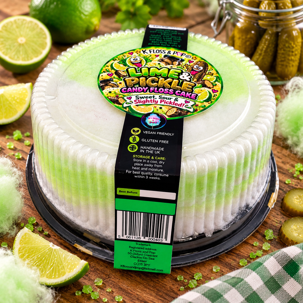 A round novelty cake in a clear plastic tub with a black base, labeled 'Pickle Floss Cake' by Kilos & I. The cake is white with green and white horizontal stripes, and a large colorful product label is attached on top.