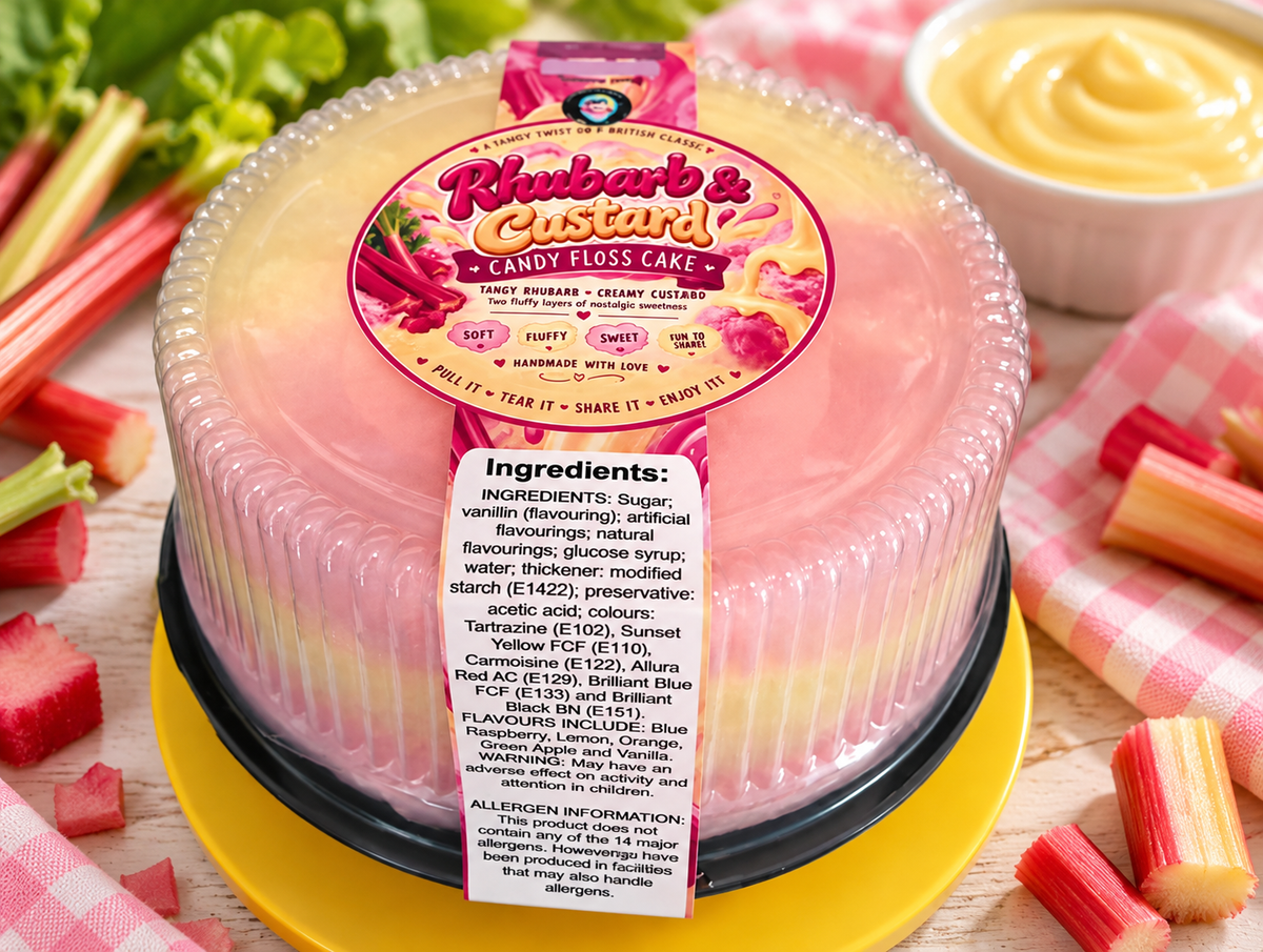 A packaged rhubarb and custard cake sits on a yellow plate with rhubarb stalks and a bowl of custard around it. The round plastic-wrapped cake has a large pink label reading 'Rhubarb & Custard' and a white ingredients card in front.
