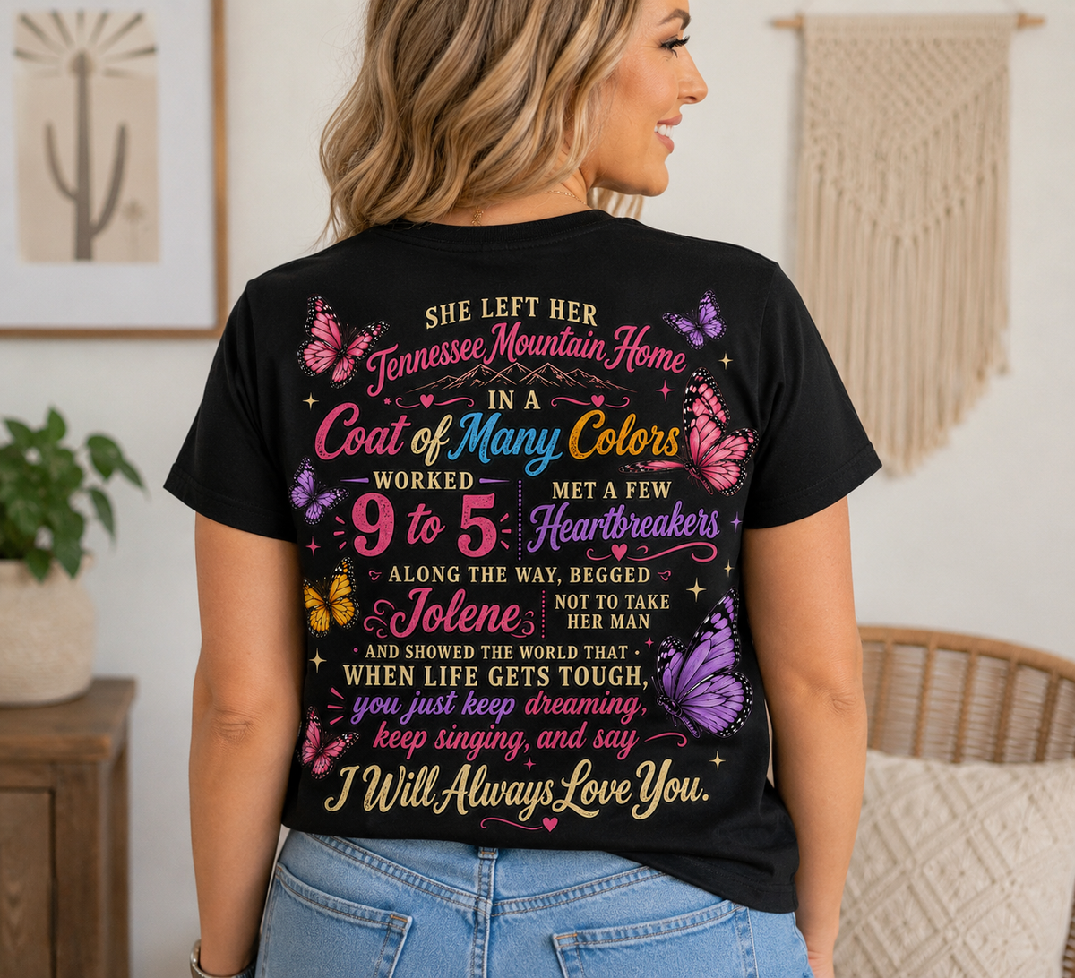 Dolly Country Music Inspired T-Shirt, Sweatshirt or Tote Bag – Colourful Butterfly Song Design