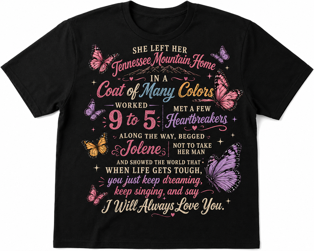 Dolly Country Music Inspired T-Shirt, Sweatshirt or Tote Bag – Colourful Butterfly Song Design