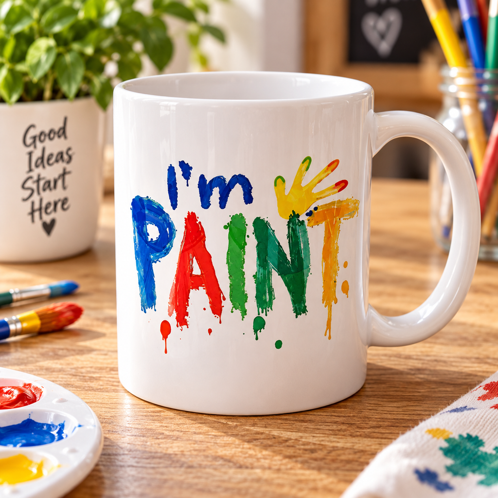 A white ceramic mug with the phrase 'I'm PAINT' in colorful hand-painted style lettering, placed on a wooden table with paintbrushes, a paint palette, and art supplies around it.