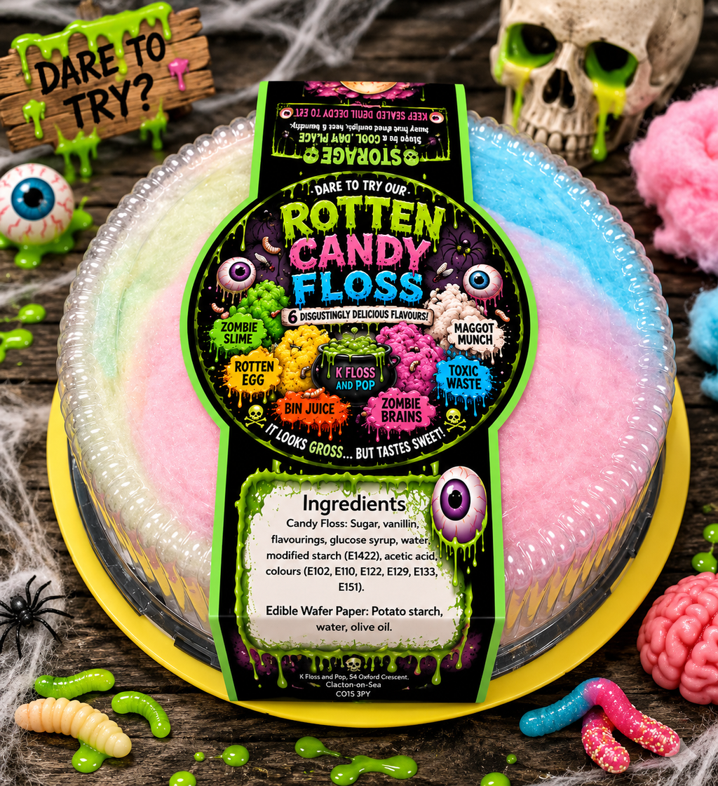 A novelty round cake styled to look like a pastel rainbow donut with a large 'Rotten Candy Floss' label on top, surrounded by Halloween props including fake worms, a skull, eyeballs, and a brain on a dark wooden surface.