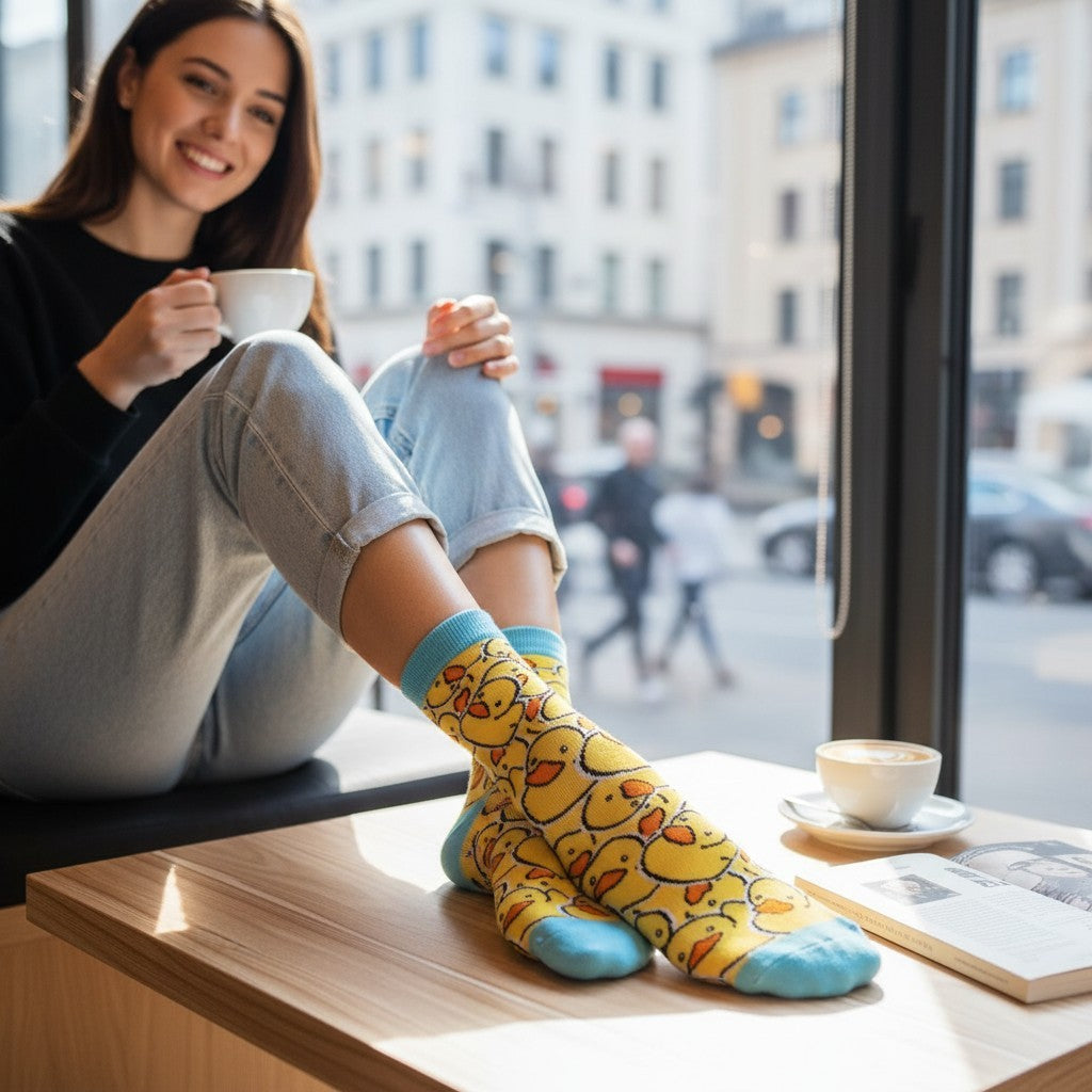 Woman sitting by a window wearing yellow socks with duck design, holding a cup.