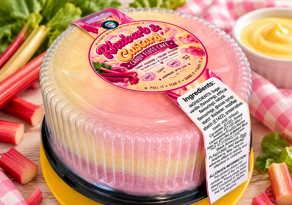 A round pink and yellow layered cake in a clear plastic container with a branded label, styled on a wooden surface with rhubarb stalks, a bowl of yellow sauce, and a pink gingham cloth.
