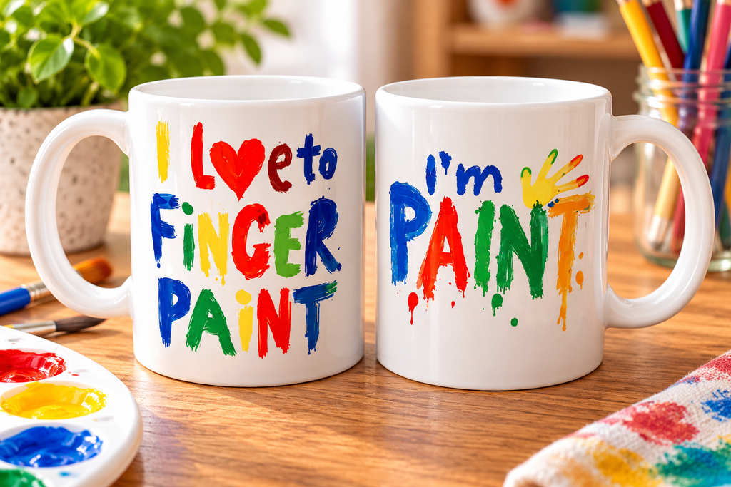 Two white ceramic mugs with colorful hand-painted text reading 'I Love to Finger Paint' and 'I'm PAINT' on a wooden table, surrounded by paint supplies and a plant.