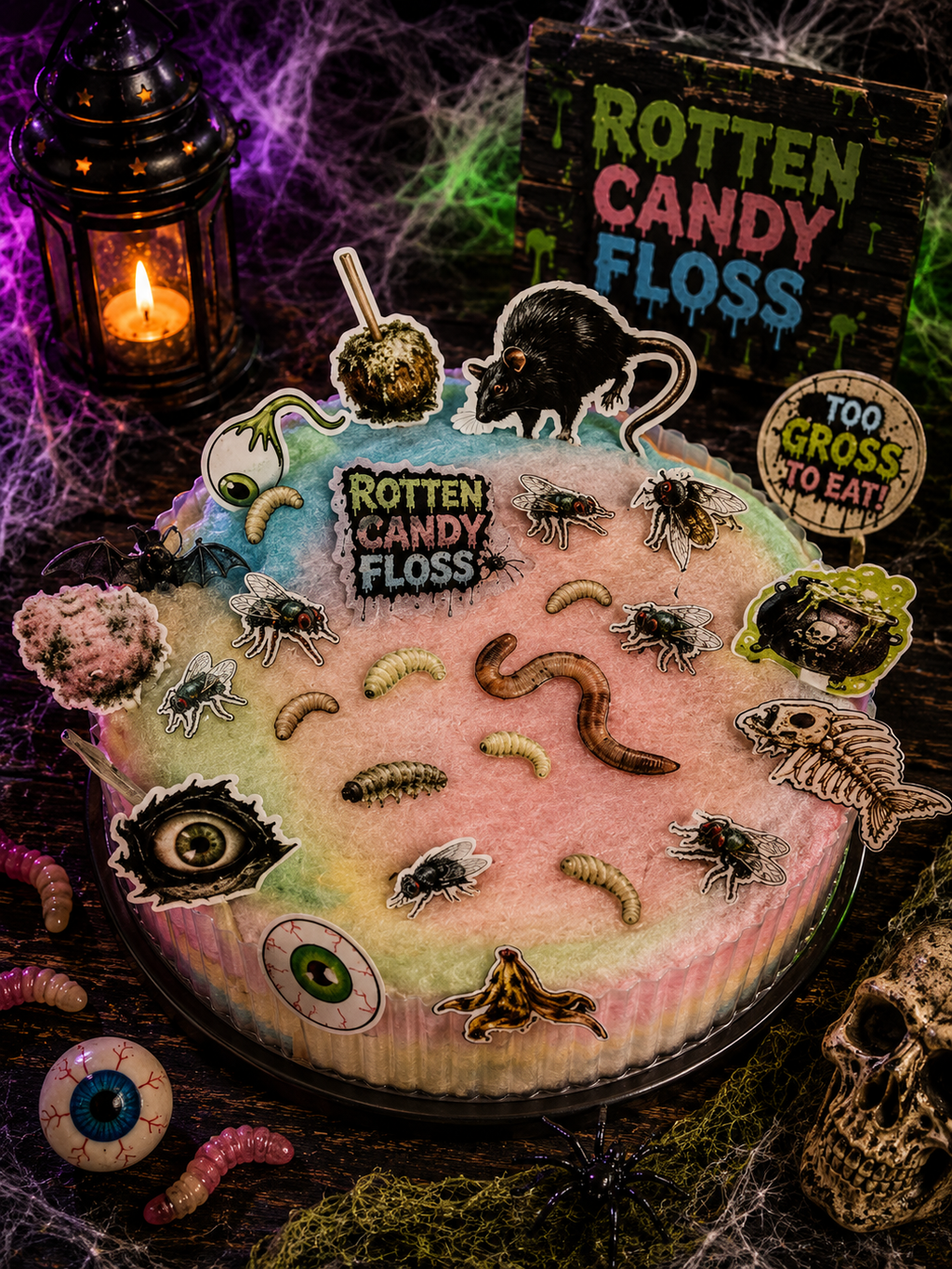 A Halloween-themed round cake decorated with fake bugs, larvae, a rat, and a skull, with a sign reading 'ROTTEN CANDY FLOSS' and a candle lantern nearby on a dark spooky background.