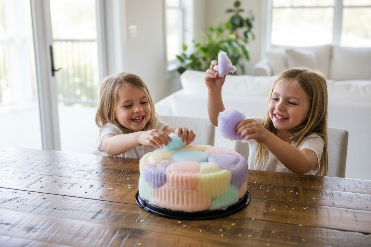 Two young girls playing with colorful toys on a wooden table in a bright room.