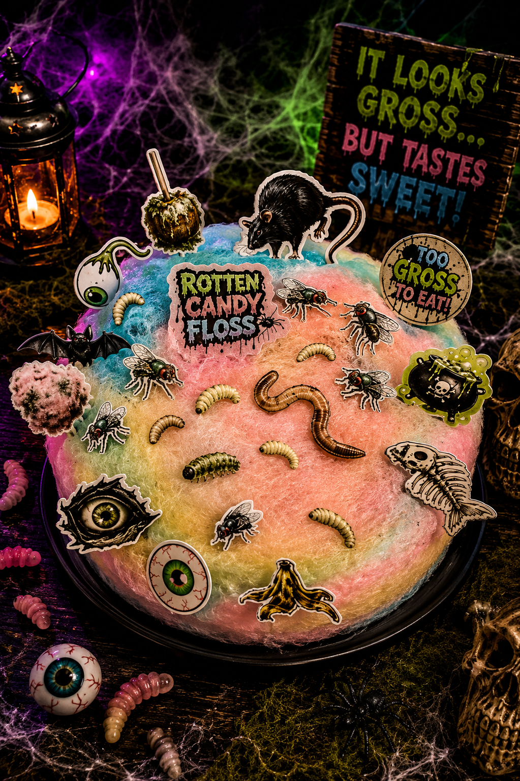A Halloween-themed novelty cake decorated with candy-like swirls in pink, orange, and blue, covered with spooky stickers including a rat, bugs, worms, and text reading 'Rotten Candy Floss' and 'Too Gross to Eat.' The cake sits on a dark surface with cobwebs, a lantern, eyeballs, and a sign in a dark, theatrical setting.