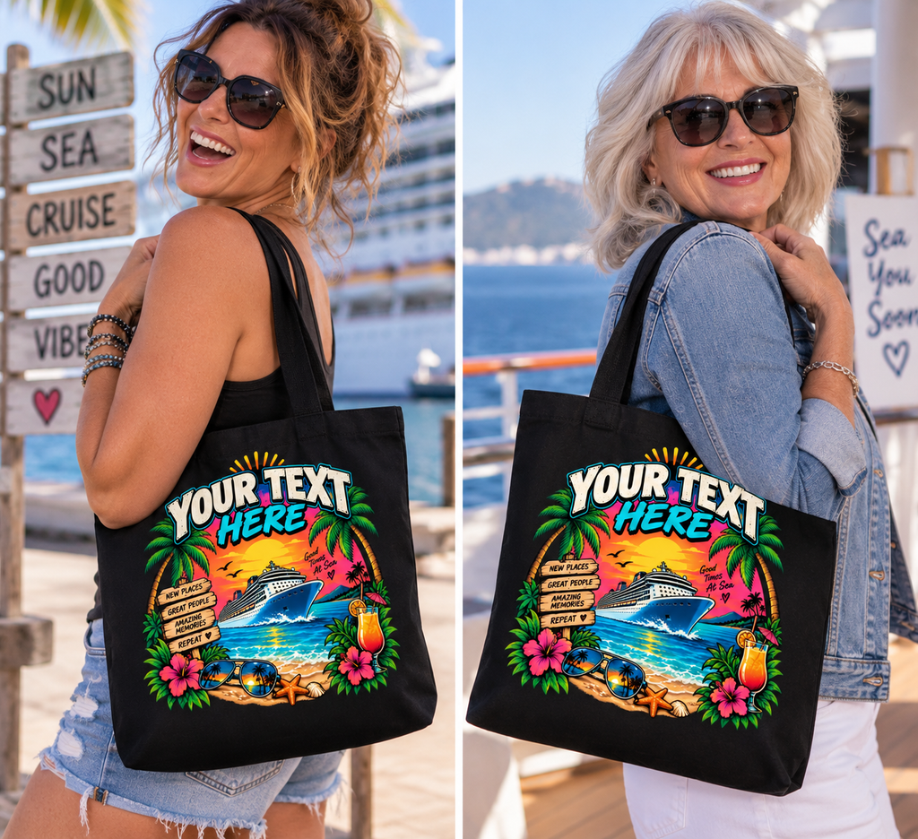 A split-screen lifestyle image showing a woman wearing sunglasses and denim shorts carrying a black tote bag with a colorful tropical cruise ship graphic and customizable text. The background features a sunny harbor scene with a cruise ship and a wooden sign that reads 'SUN SEA CRUISE GOOD VIBES'.