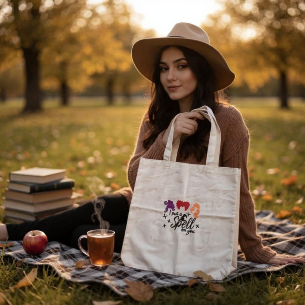 Woman sitting outdoors with a tote bag, books, and a mug of tea.