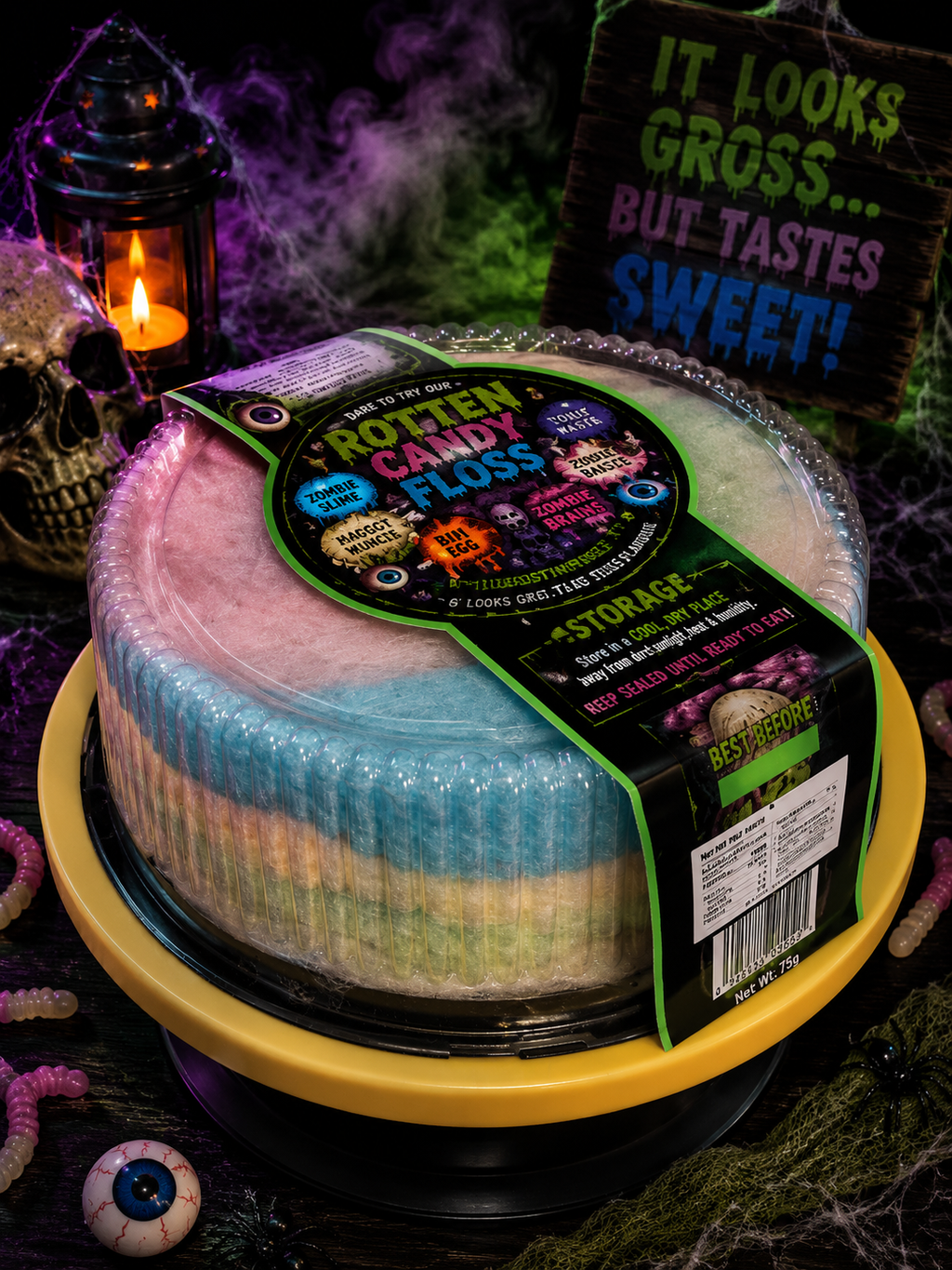 A Halloween-themed product display featuring a round container of rainbow-colored candy floss wrapped in clear plastic with a black and green label. The floss layers transition through pink, blue, green, yellow, and purple.