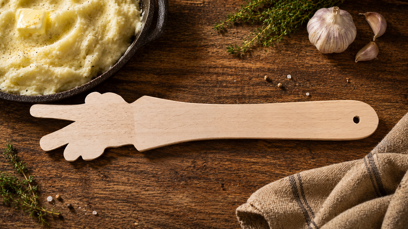 A light natural wood hand-shaped spatula resting on a rustic dark wood table, surrounded by cooking props including a bowl of mashed potatoes, garlic, herbs, and a kitchen towel.