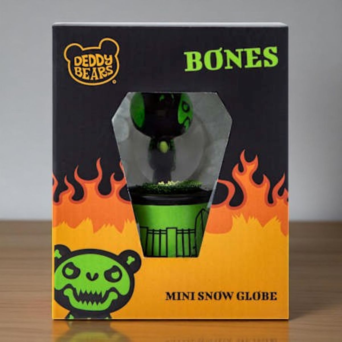 Deddy Bears Bones Mini Snow Globe with green skeleton bear inside, green and black base, collectible boxed figurine.