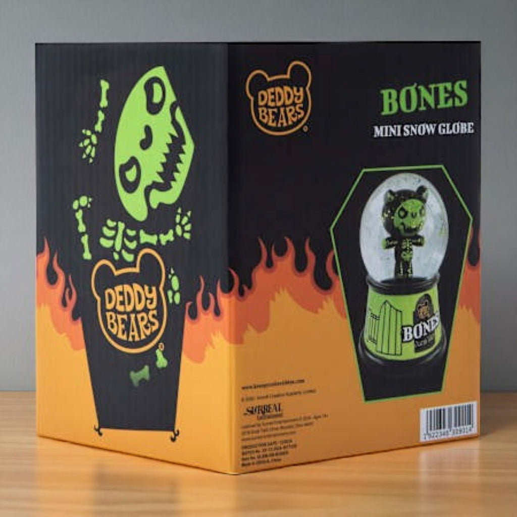Deddy Bears Bones Mini Snow Globe with green skeleton bear inside, green and black base, collectible boxed figurine.