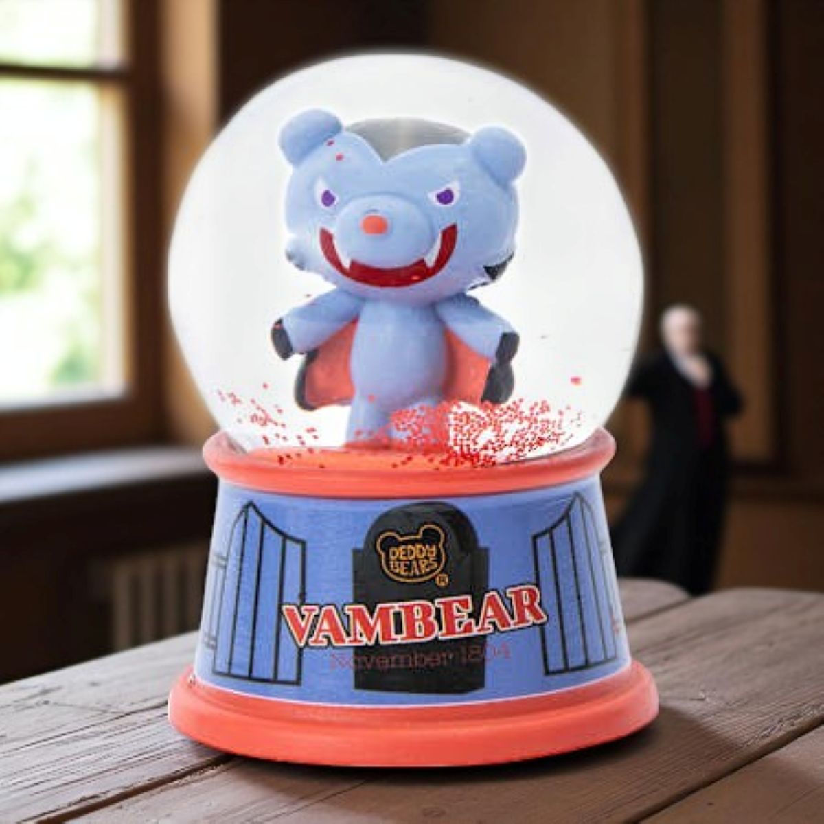Deddy Bears Vambear Mini Snow Globe with blue vampire bear inside, blue and red base, collectible boxed figurine.