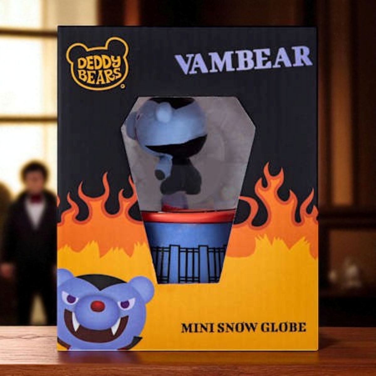 Deddy Bears Vambear Mini Snow Globe with blue vampire bear inside, blue and red base, collectible boxed figurine.