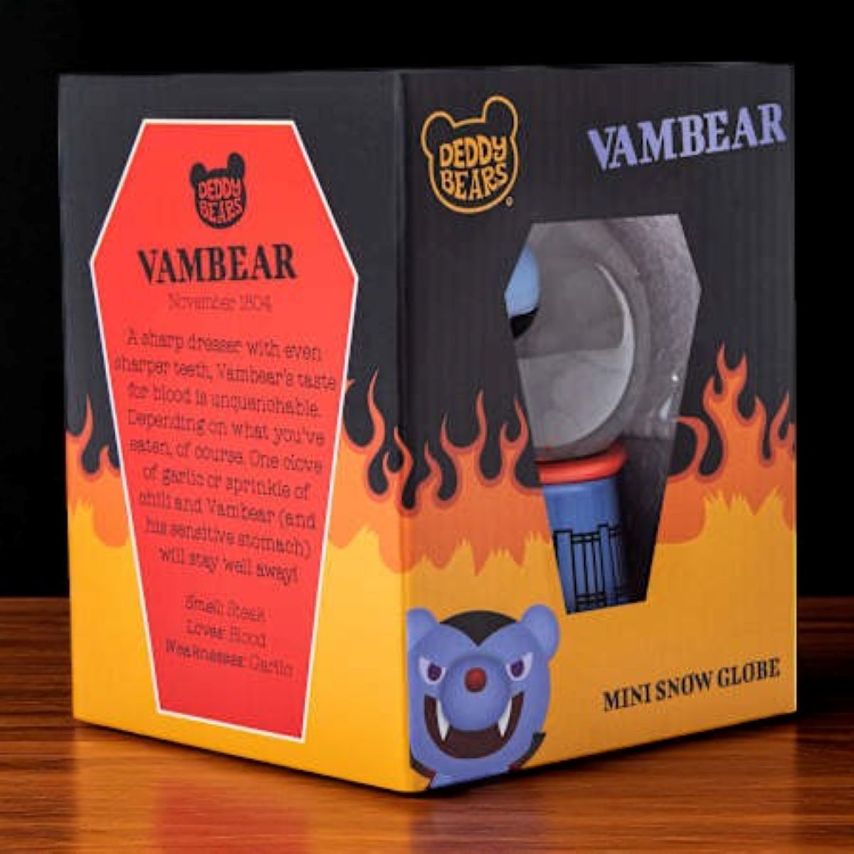 Deddy Bears Vambear Mini Snow Globe with blue vampire bear inside, blue and red base, collectible boxed figurine.
