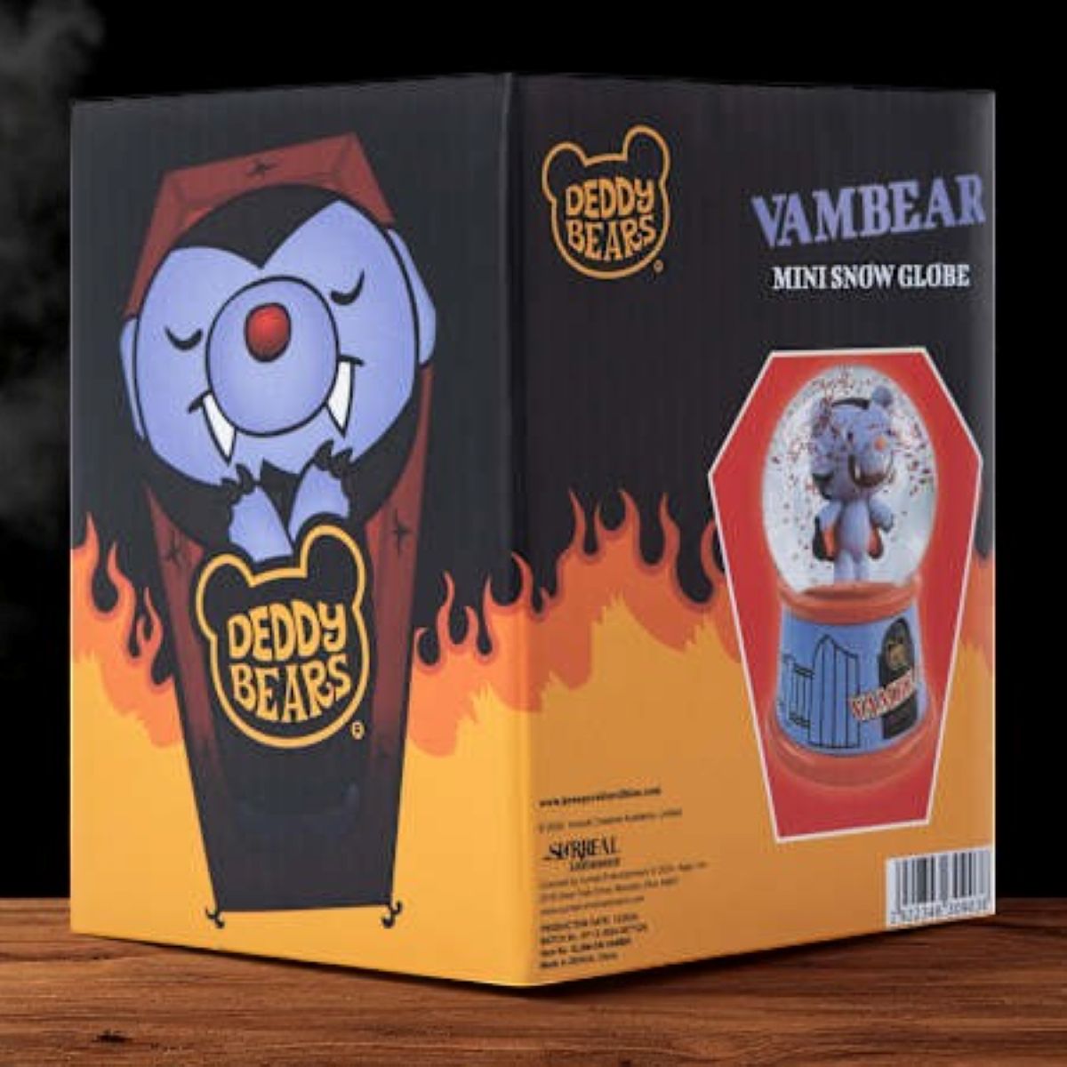 Deddy Bears Vambear Mini Snow Globe with blue vampire bear inside, blue and red base, collectible boxed figurine.