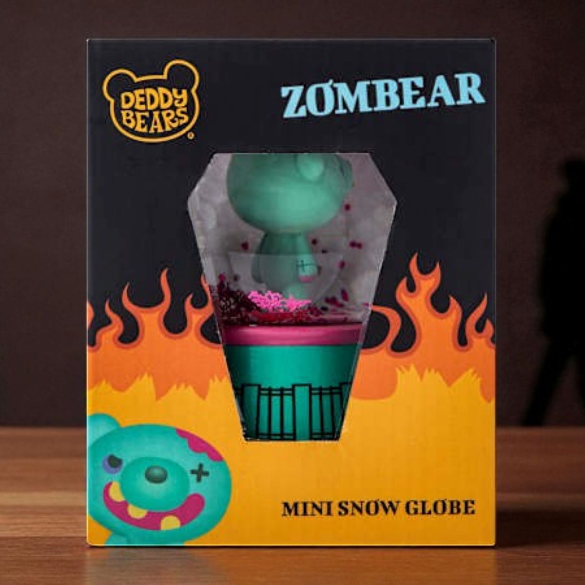 Deddy Bears Zombiebear Mini Snow Globe in original packaging, with flames and character art on the box.