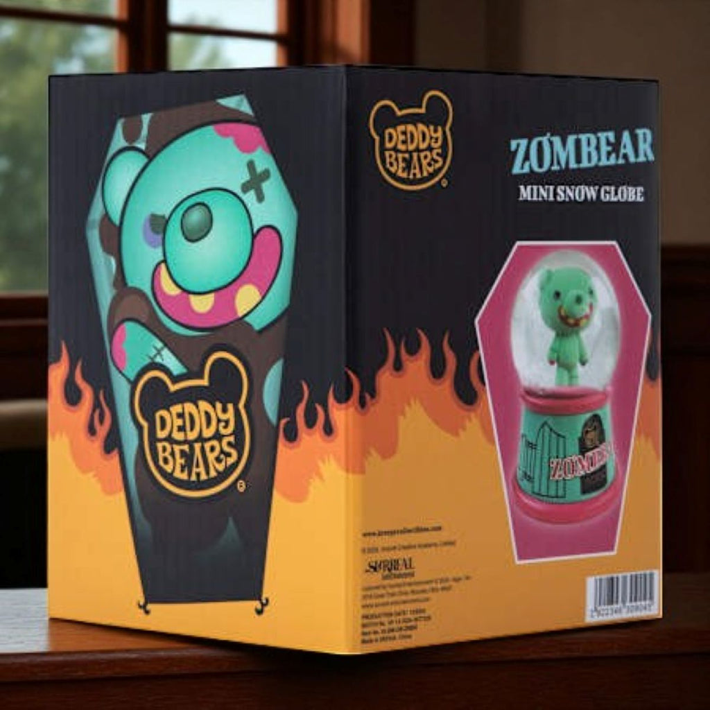 Deddy Bears Zombiebear Mini Snow Globe with green zombie bear inside, pink and teal base, collectible boxed figurine.