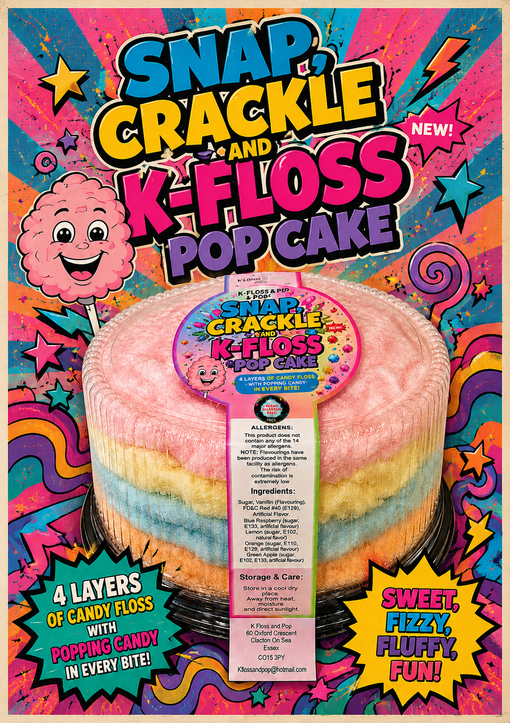 A colorful product package for 'Snap, Crackle and K-Floss Pop Cake' featuring a layered pop-cake design with candy floss layers, surrounded by playful cartoon graphics and text on a vibrant multicolor background.