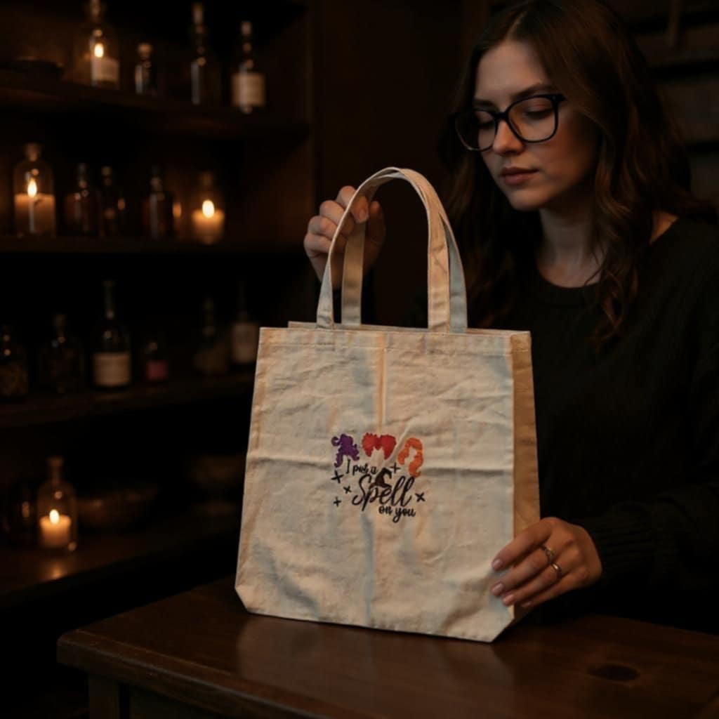 Woman holding a tote bag with a colorful design and text in a dimly lit setting.