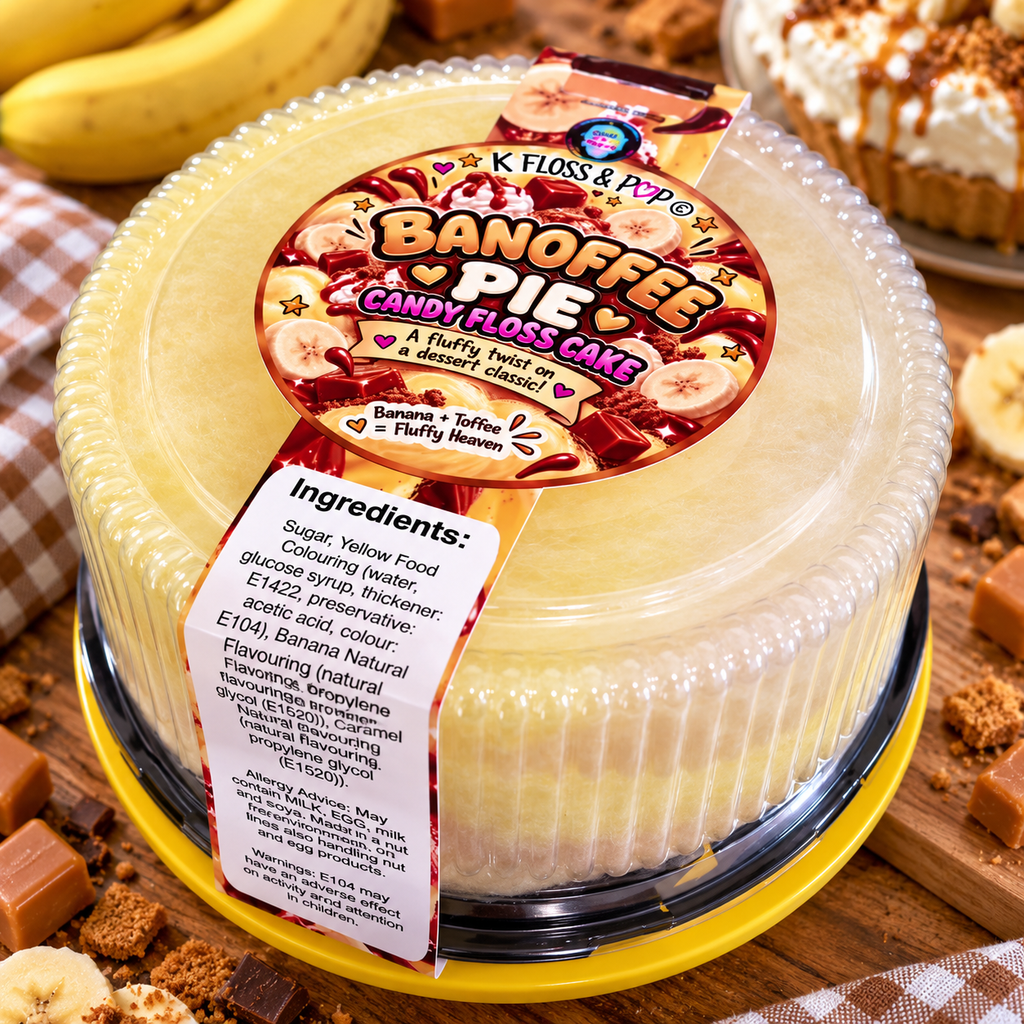 Banoffee Pie by K Floss & R Yz in a clear plastic container with a yellow lid, shown with a branded paper label and surrounded by dessert-themed props including bananas, cake crumbs, and a pastry in the background.