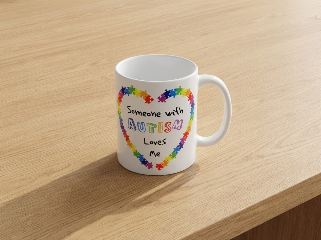 White mug with colorful puzzle piece design and text on a wooden surface