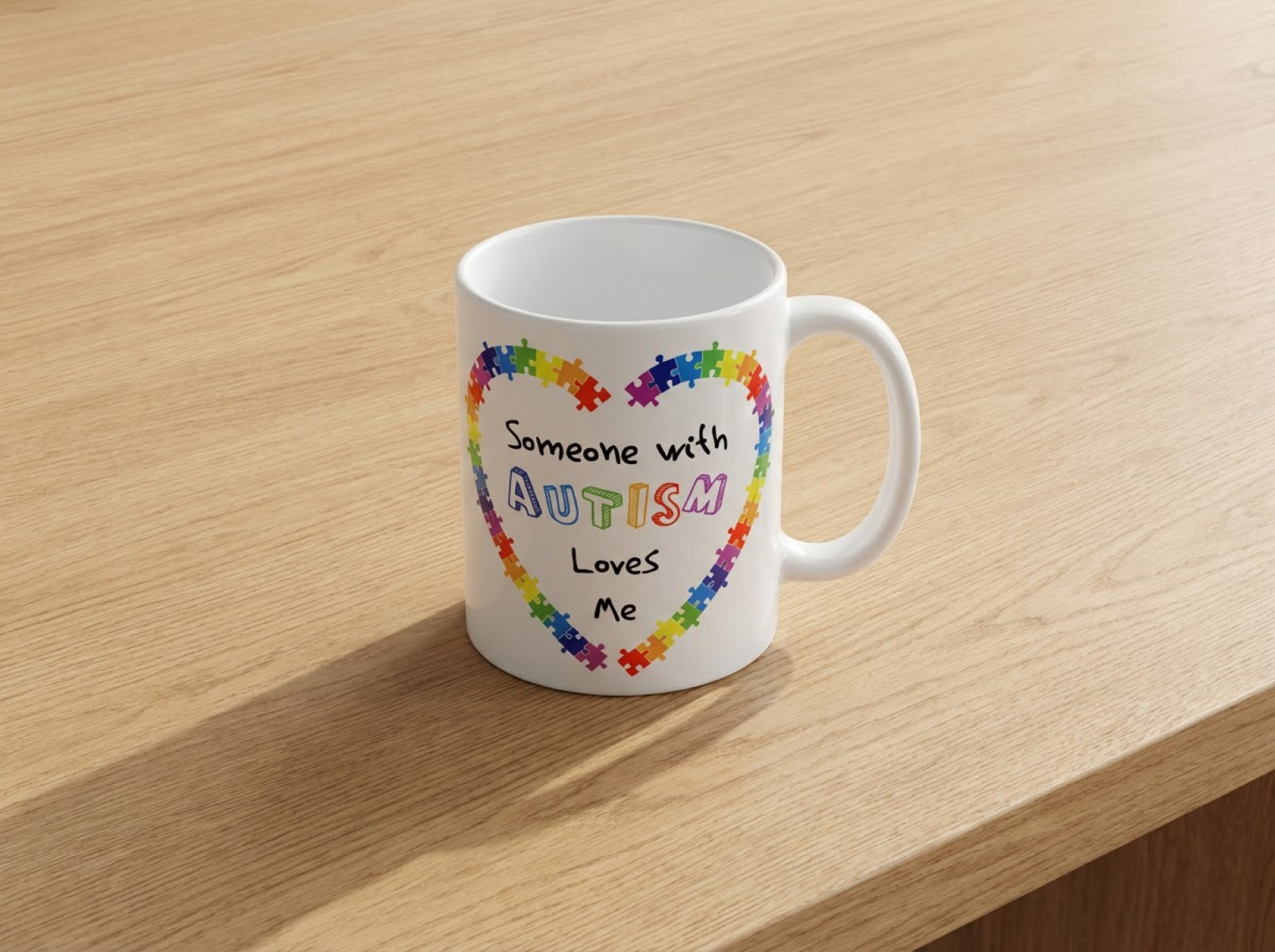 White mug with colorful puzzle piece design and text on a wooden surface