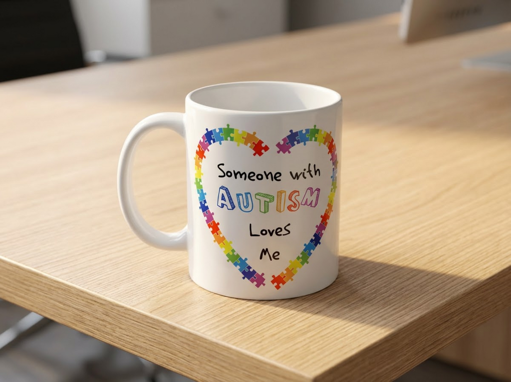 White mug with colorful text and heart design on a wooden surface