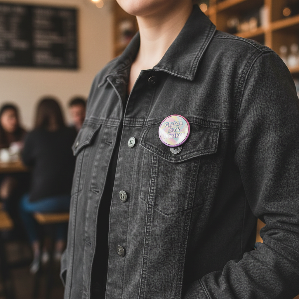 Person wearing a black denim jacket with a button badge in a casual setting