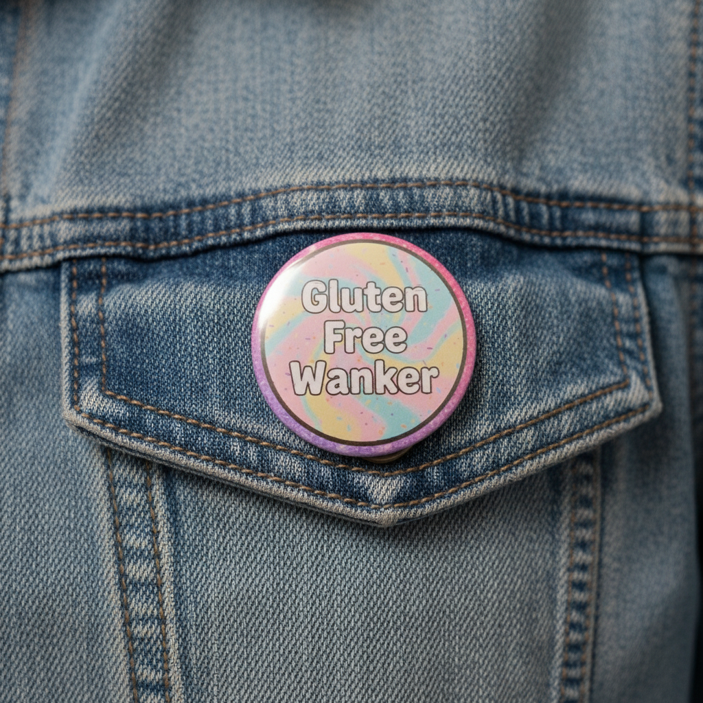 Button with 'Gluten Free Wanker' text on a denim jacket