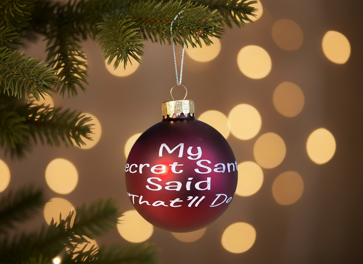 Decorative Christmas ornament with text on a blurred lights background