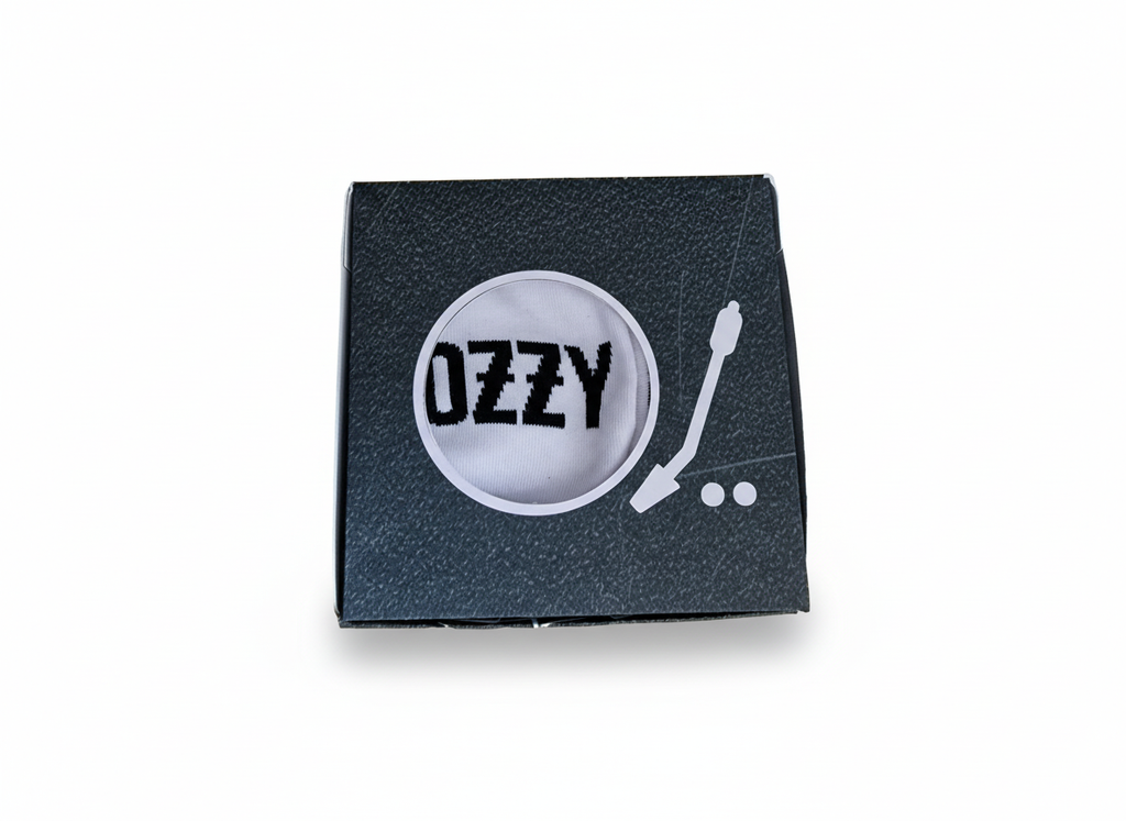Black square box with 'Ozzy' logo on a white background