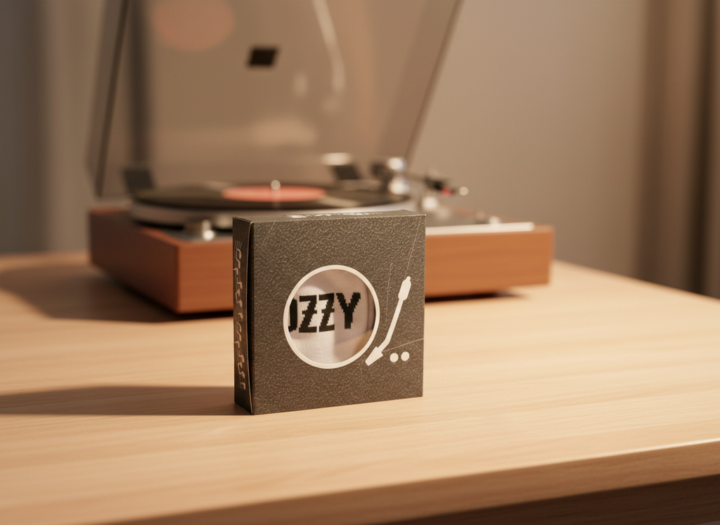 Record player with a 'IZZY' branded record on a wooden surface
