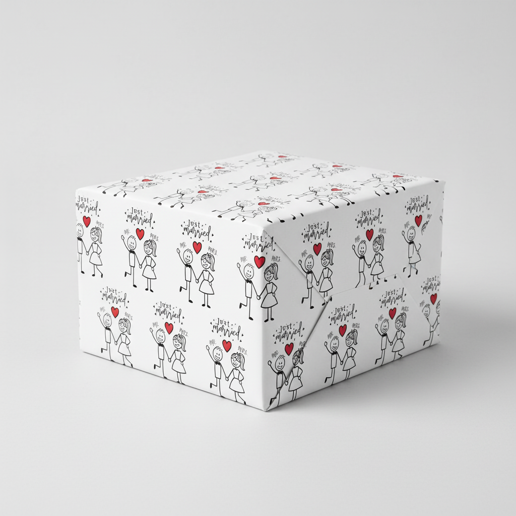 Gift box with a pattern of stick figures and hearts on a white background