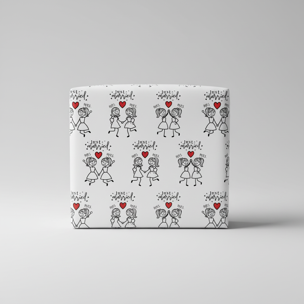 Packaged product with 'Just Married' design on a gray background