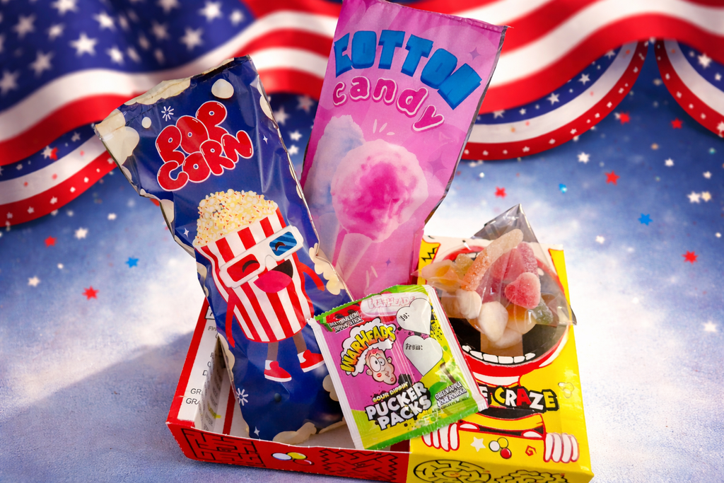 Assorted candy packages including popcorn, cotton candy, and other treats with a patriotic background.