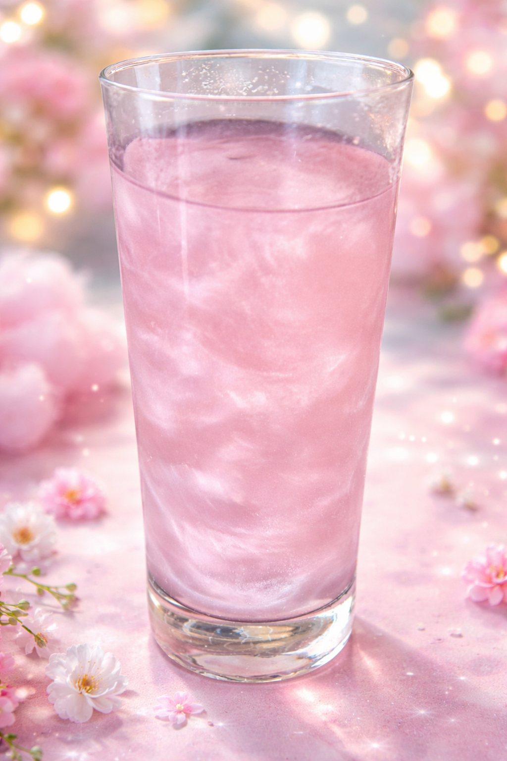 Glass of pink drink with cherry blossoms in the background