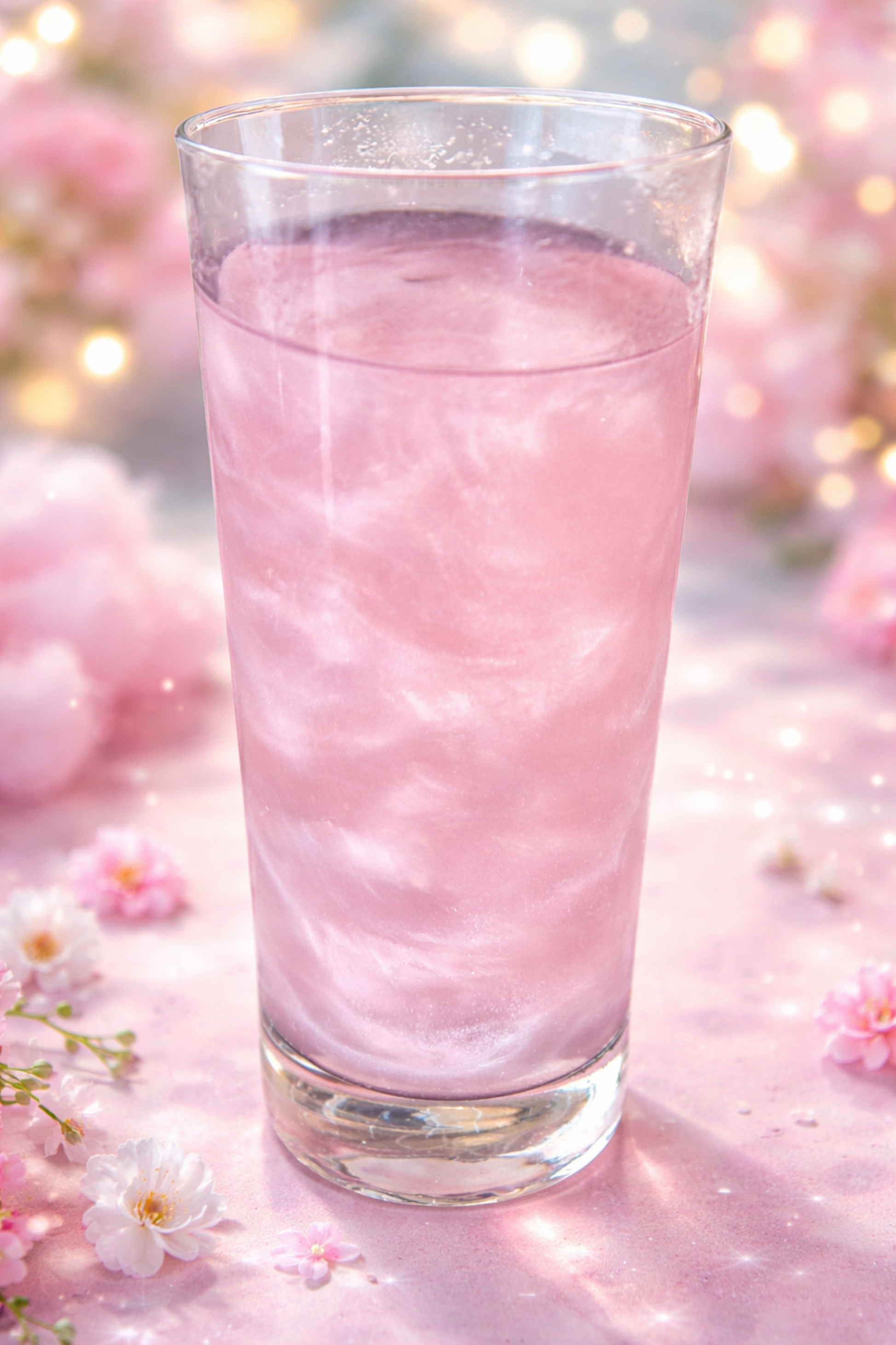 Glass of pink drink with cherry blossoms in the background